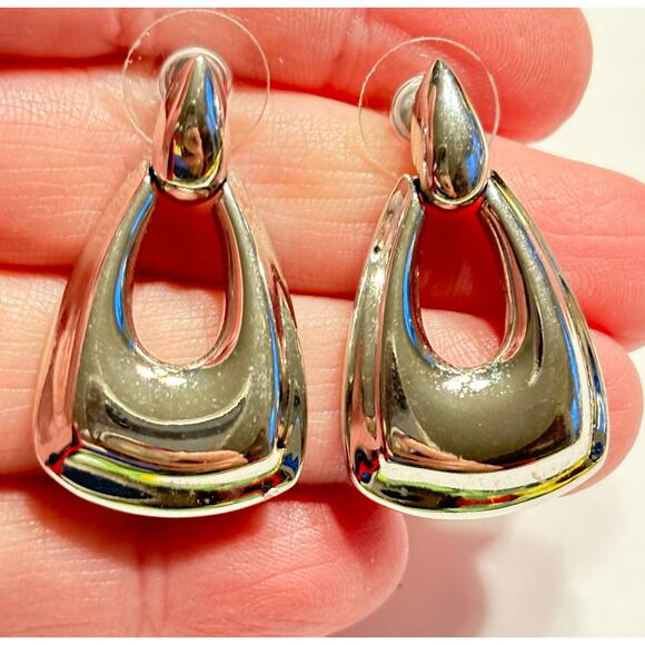 Pierced earrings silver doorknocker style long chunky hoops vintage Y2K jewelry - Picture 2 of 6